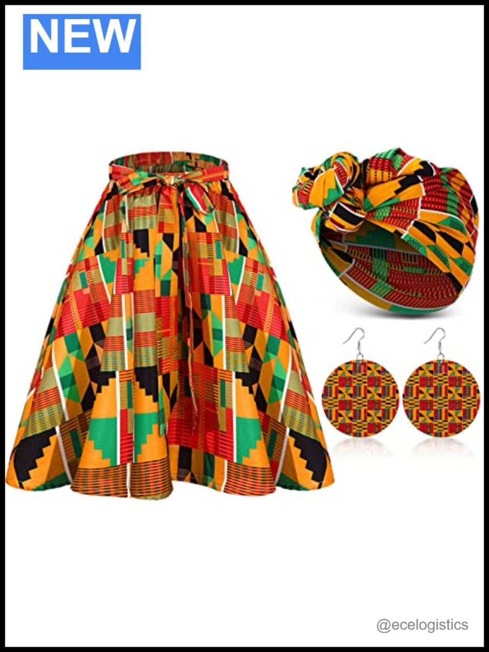Women African Print Skirt Headwrap Earrings Set Ankara Dashiki 3 Piece